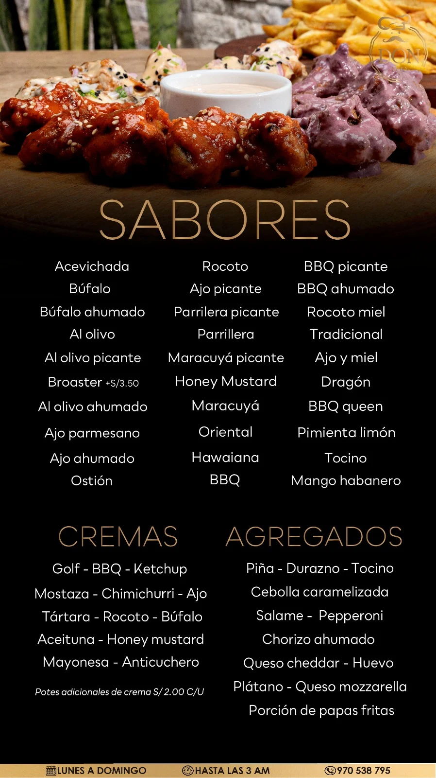 Alitas de Don Napo con distintas salsas y papas fritas